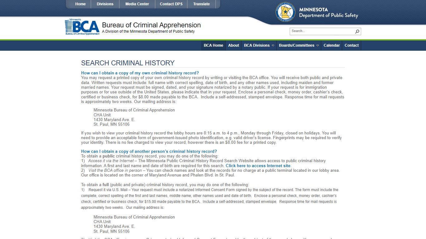 BCA Home - Search Criminal History - Minnesota Department of Public Safety
